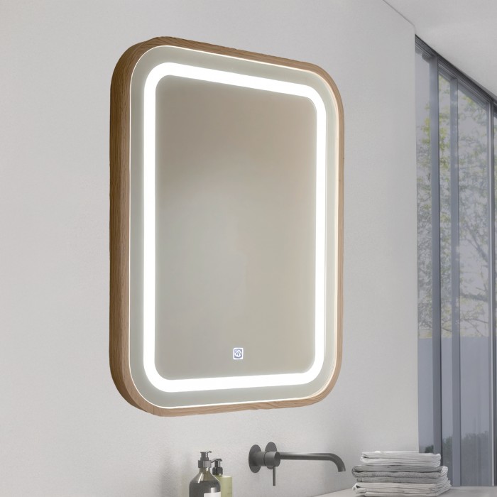 Specchio LED da bagno quadrato con cornice effetto legno CCT