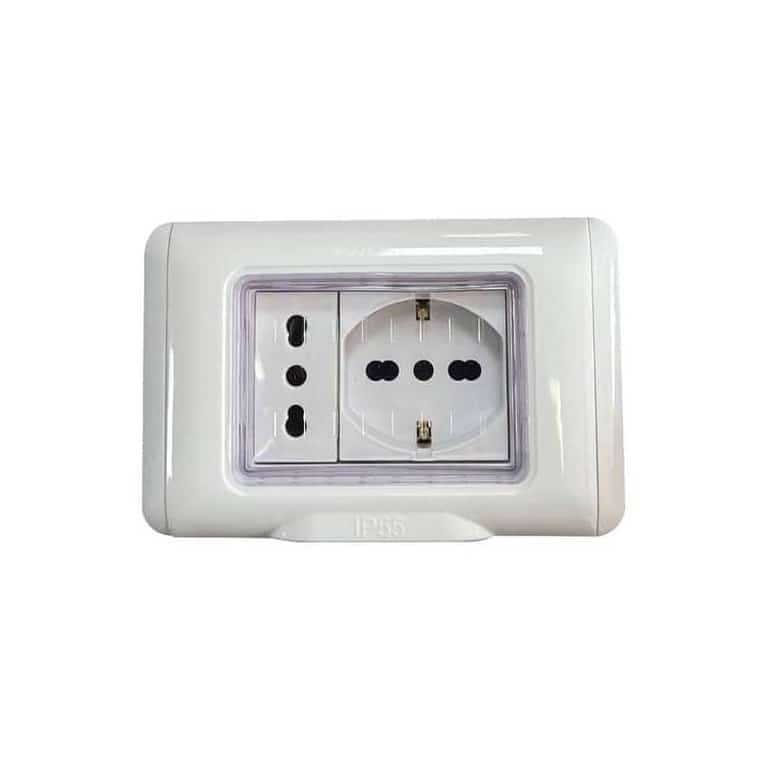 Placca stagna IP55 con presa bipasso 10-16 A e presa universale, codice 83607