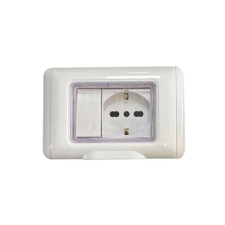 Placca stagna IP55 con presa universale e un interruttore unipolare, codice 83608