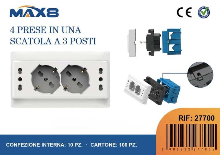 Kit per scatola 3 moduli, 2 pr.univ.P40 + 2 pr.bipass.10/16 A IMQ bianco, lucido, codice 27700