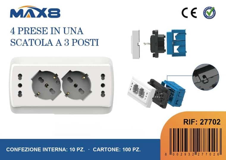 Kit per scatola 3 moduli, 2 pr.univ.P40 + 2 pr.bipass.10/16 A IMQ bianco, opaco, codice 27702