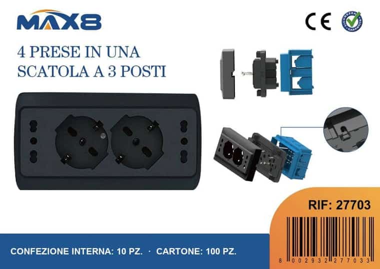 Kit per scatola 3 moduli, 2 pr.univ.P40 + 2 pr.bipass.10/16 A IMQ nero, opaco, codice 27703